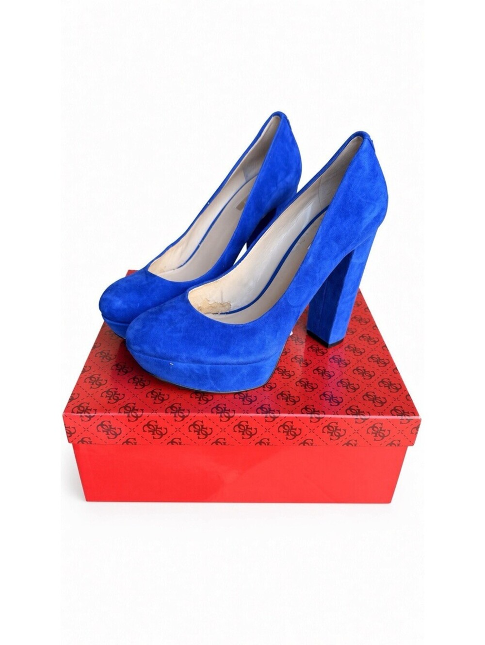 GUESS Padey Women 8.5M Blue Suede Platform Pumps Block High Heels w/ Box